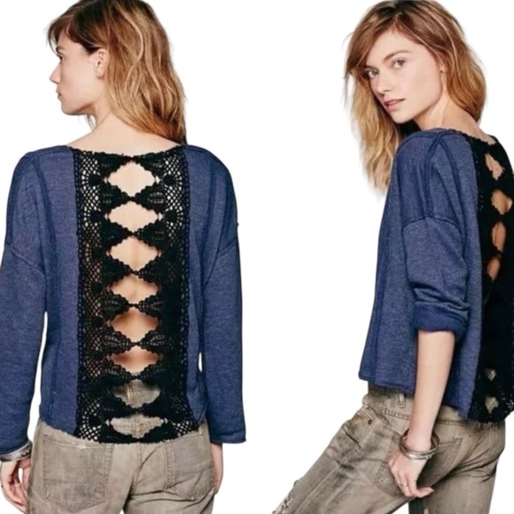 Free People Victorian Lace Crochet Sweater Pullover Oversized Sweatshirt MED - Picture 1 of 11